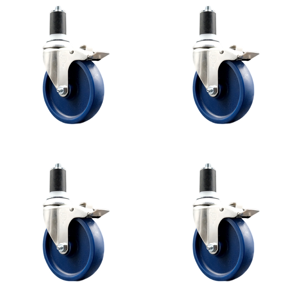 Solid Polyurethane Swivel Stem Caster with 5 in. Blue Caster Wheels, 1.63 in. Expanding Stems - 316 Stainless Steel Casters - Set of 4