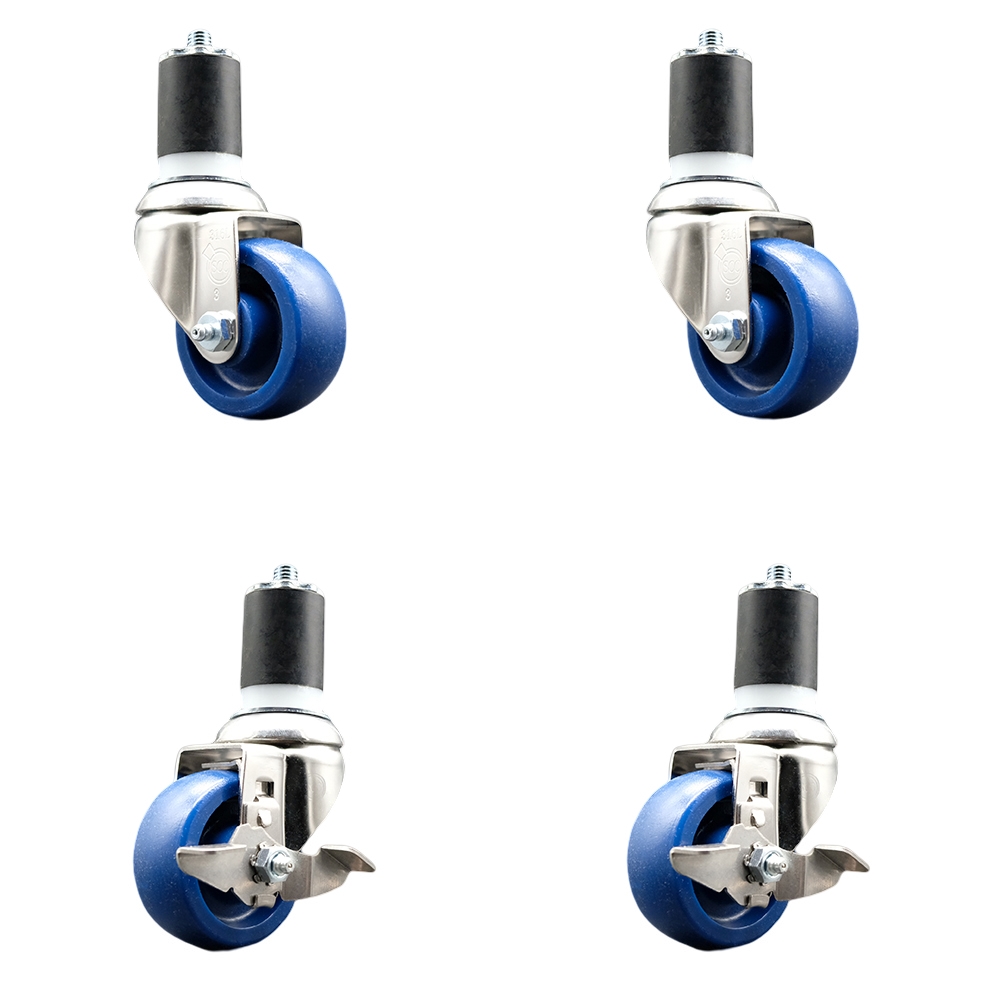 Solid Poly Swivel Stem Caster with 3 in. Blue Caster Wheels, 1.75 in. Expanding Stems - 316 Stainless Steel Casters - Set of 4