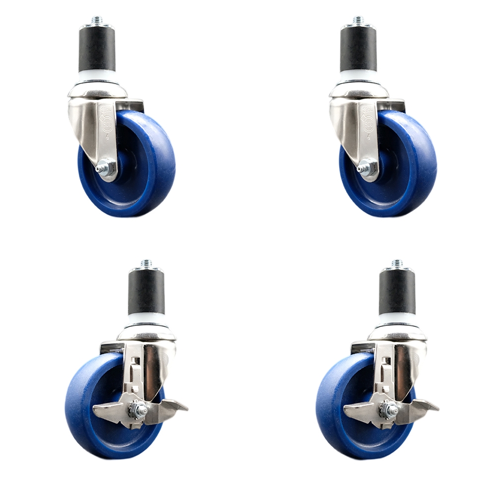 Solid Poly Swivel Stem Caster with 4 in. Blue Caster Wheels, 1.75 in. Expanding Stems - 316 Stainless Steel Casters - Set of 4