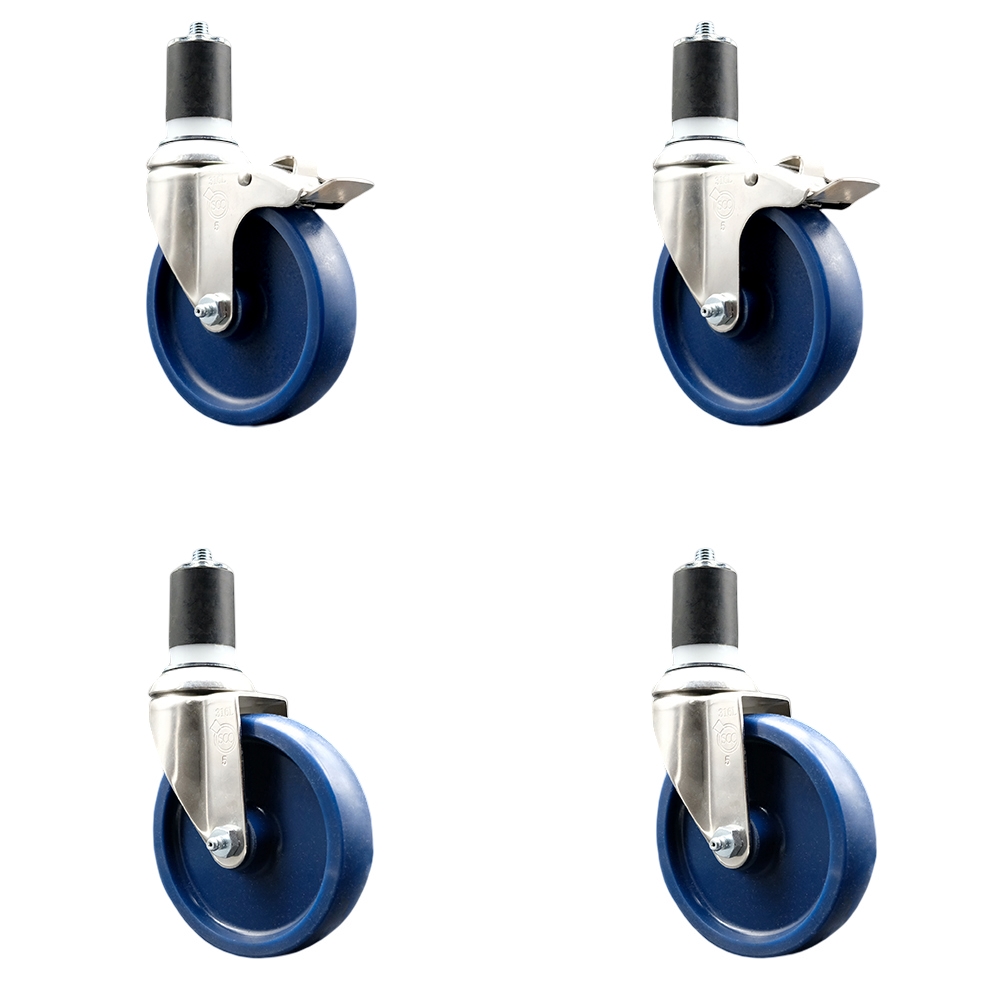Solid Poly Swivel Stem Caster with 5 in. Blue Caster Wheels, 1.87 in. Expanding Stem - 316 Stainless Steel Casters - Set of 4