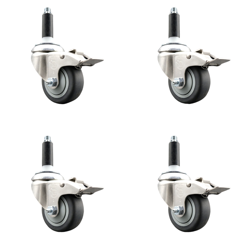 Thermoplastic Rubber Swivel Stem Caster with 3.5 in. Caster Wheels, 0.87 in. Expanding Stems - 316 Stainless Steel Casters - Set of 4
