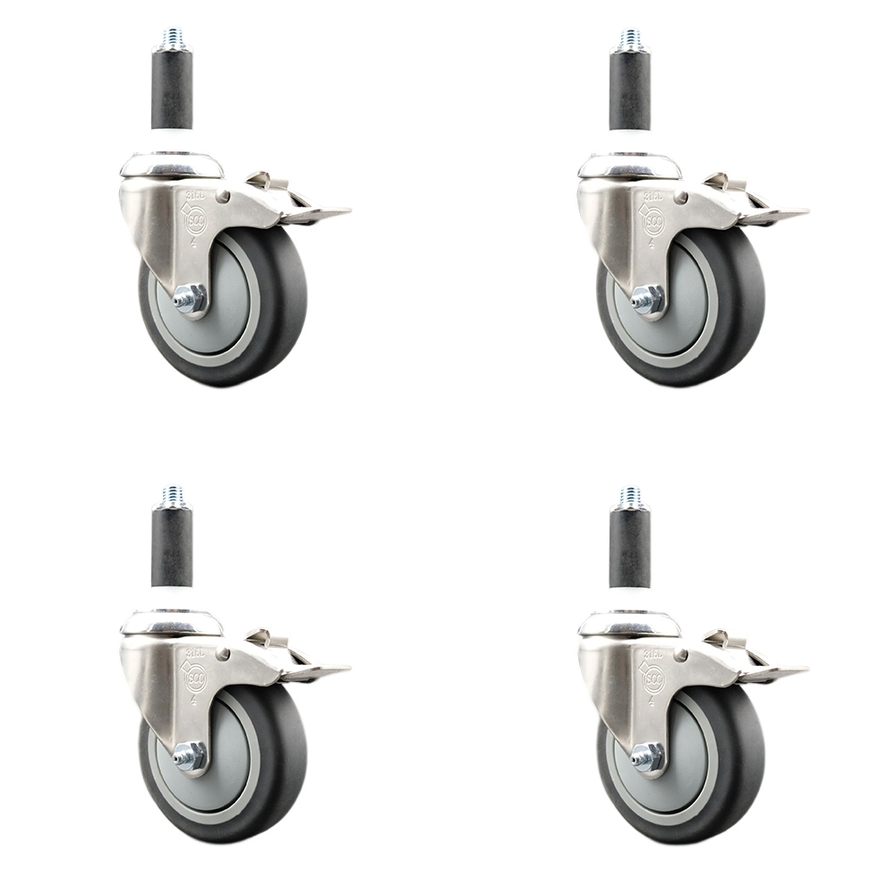 Thermoplastic Rubber Swivel Stem Caster with 4 in. Caster Wheels, 1 in. Expanding Stems - 316 Stainless Steel Casters - Set of 4