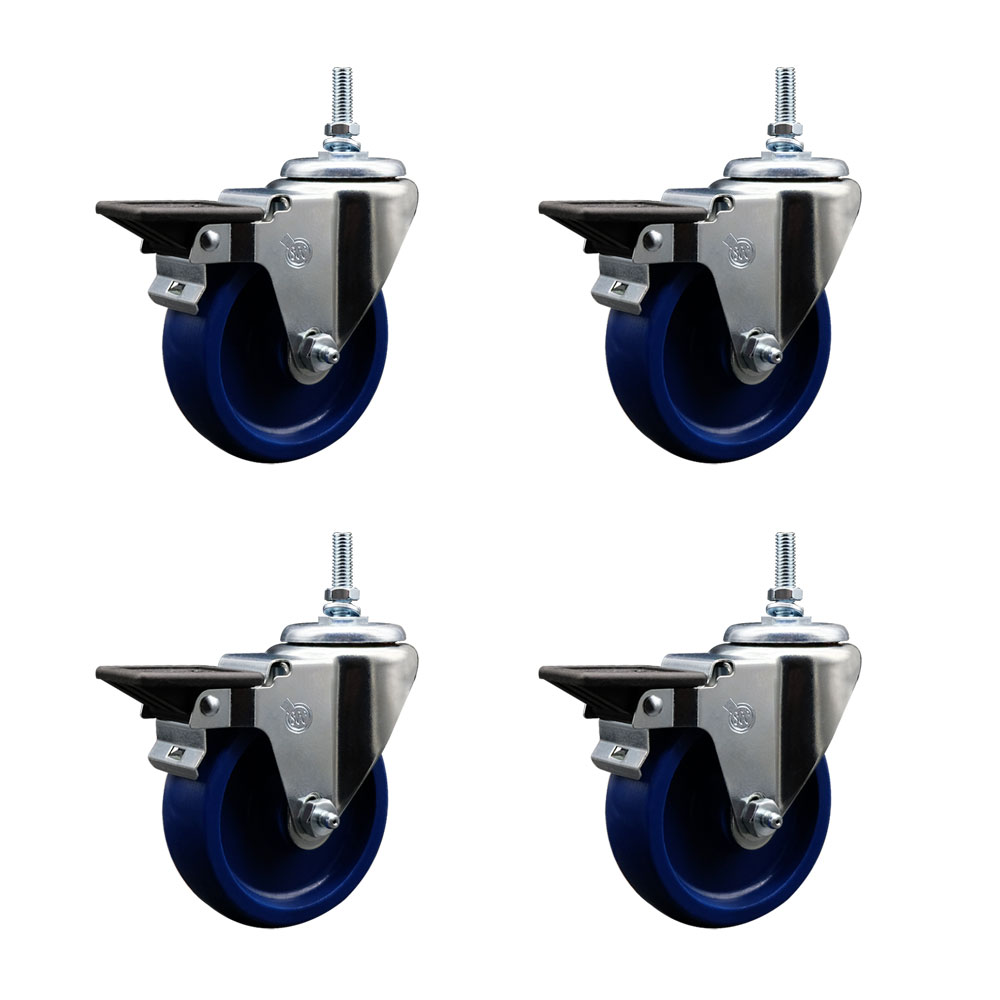SCC-TS20S414-SPUS-PLB-M1215-4 Solid Polyurethane Swivel Threaded Stem Caster with 4 x 1.25 in. Blue Wheels & 12 mm Stems - Set of 4