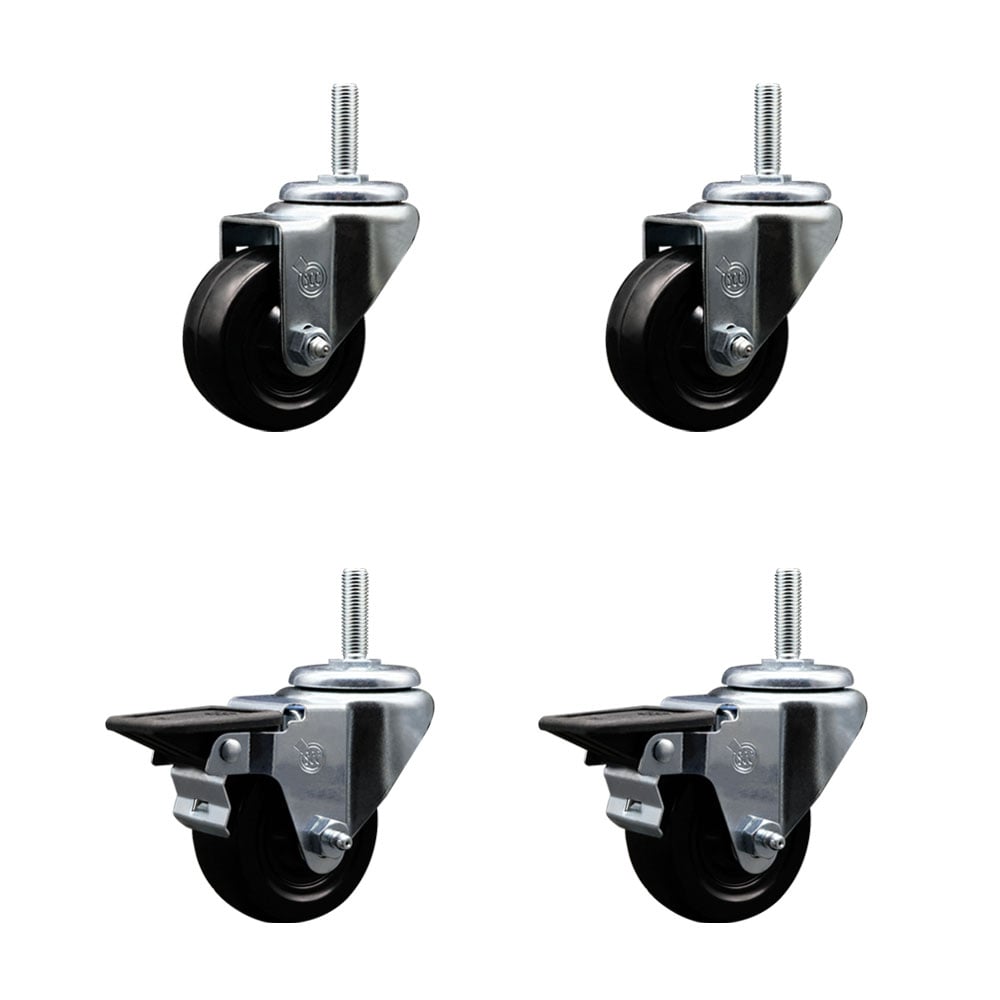 SCC-TS20S314-SRS-58212-2-PLB-2 Soft Rubber Swivel Threaded Stem Caster with 3 x 1.25 in. Black Wheels & 0.63 in. Stems - Set of 4