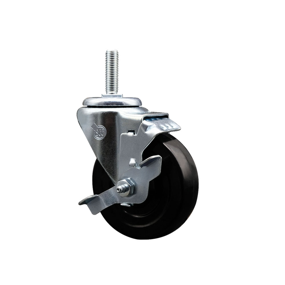 SCC-TS20S414-SRS-TLB-58212 Soft Rubber Swivel Threaded Stem Caster with 4 x 1.25 in. Black Wheel & 0.63 in. Stem & Top Locking Brake