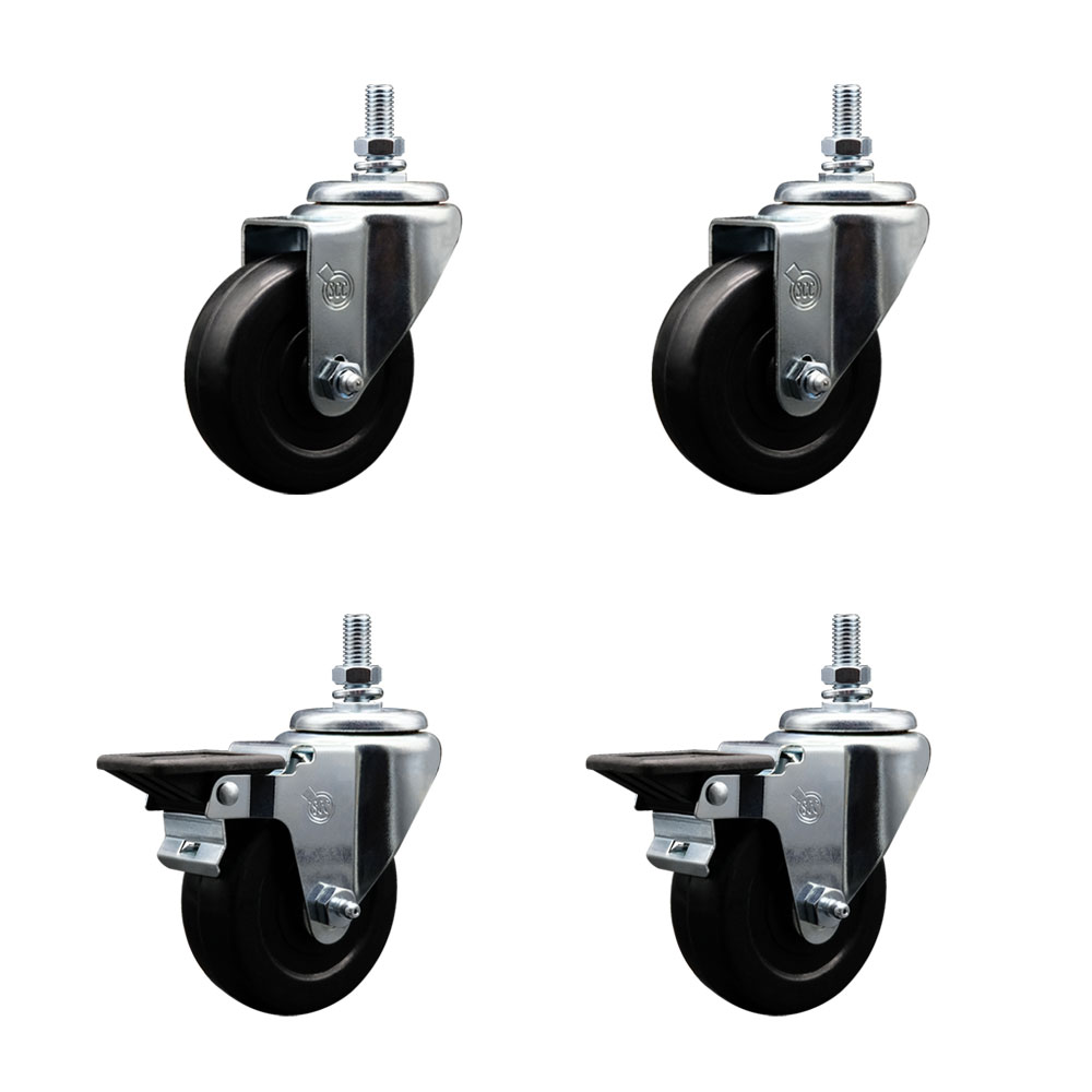 SCC-TS20S3514-SRS-M1015-2-PLB-2 Soft Rubber Swivel Threaded Stem Caster with 3.5 x 1.25 in. Black Wheels & 10 mm Stems - Set of 4