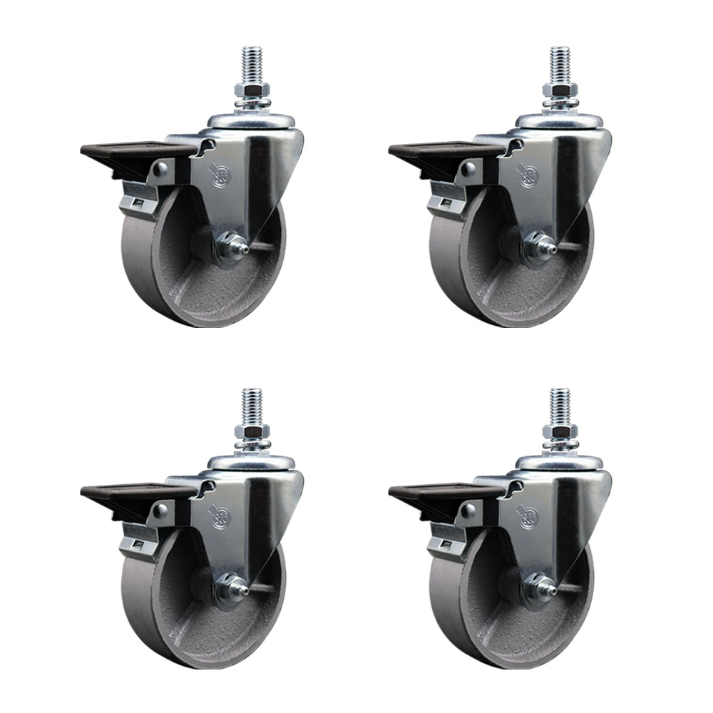 Semi Steel Cast Iron Swivel Threaded Stem Caster with Roller Bearing, 4 x 1.5 in. Silver Wheels & 0.75 in. Stems - Set of 4