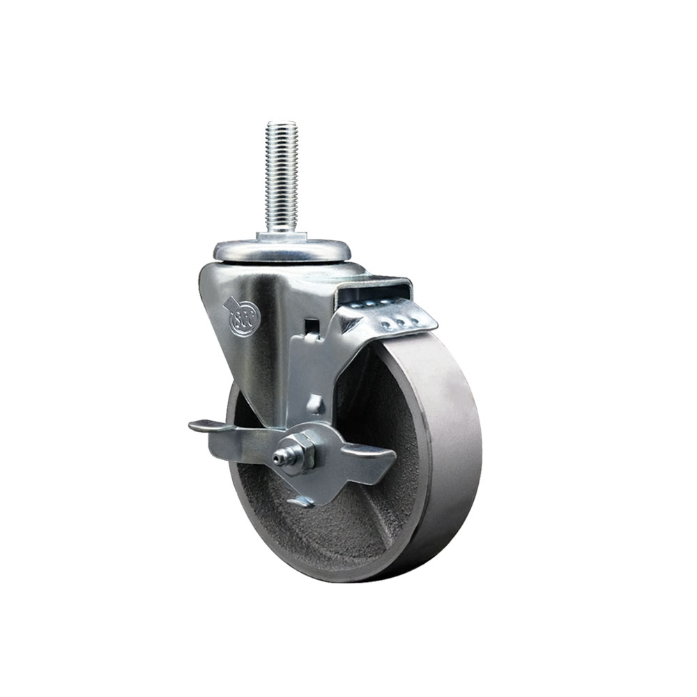 Semi Steel Cast Iron Swivel Threaded Stem Caster with Roller Bearing 4 x 1.5 in. Silver Wheel & 0.75 in. Stem & Top Locking Brake