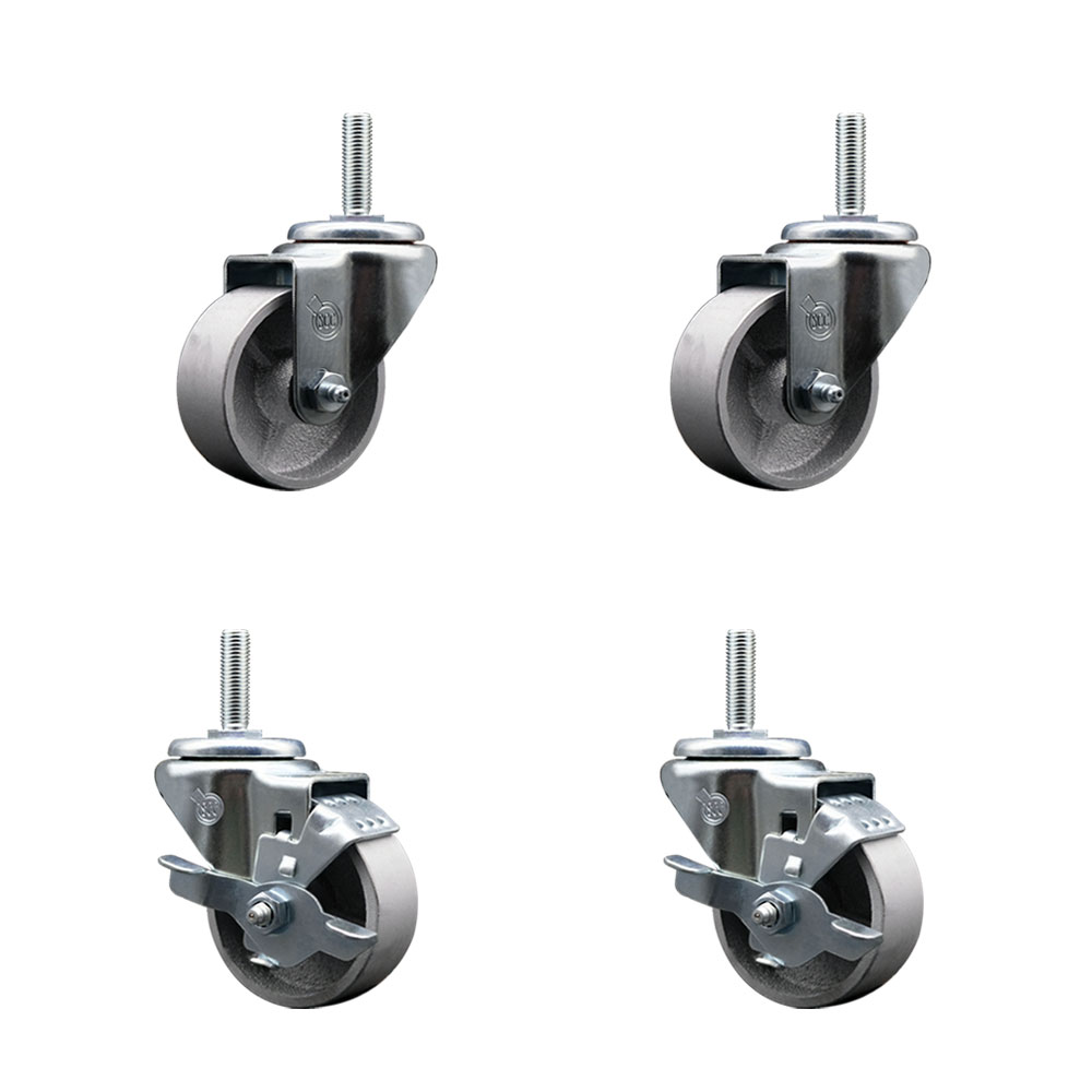 Semi Steel Cast Iron Swivel Threaded Stem Caster with Roller Bearing 3 x 1.5 in. Silver Wheels & 0.63 in. Stems - Set of 4