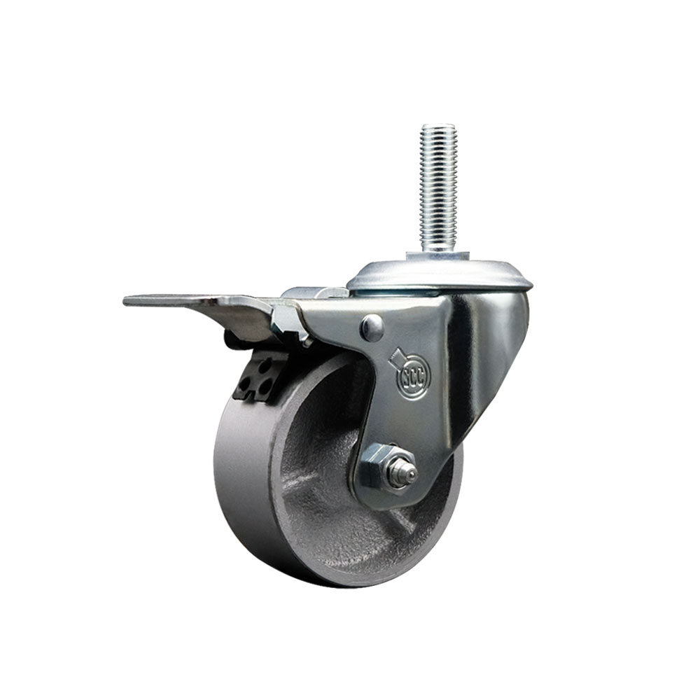 Semi Steel Cast Iron Swivel Threaded Stem Caster with Roller Bearing 4 x 1.5 in. Silver Wheel & 0.63 in. Stem & Total Locking Brake