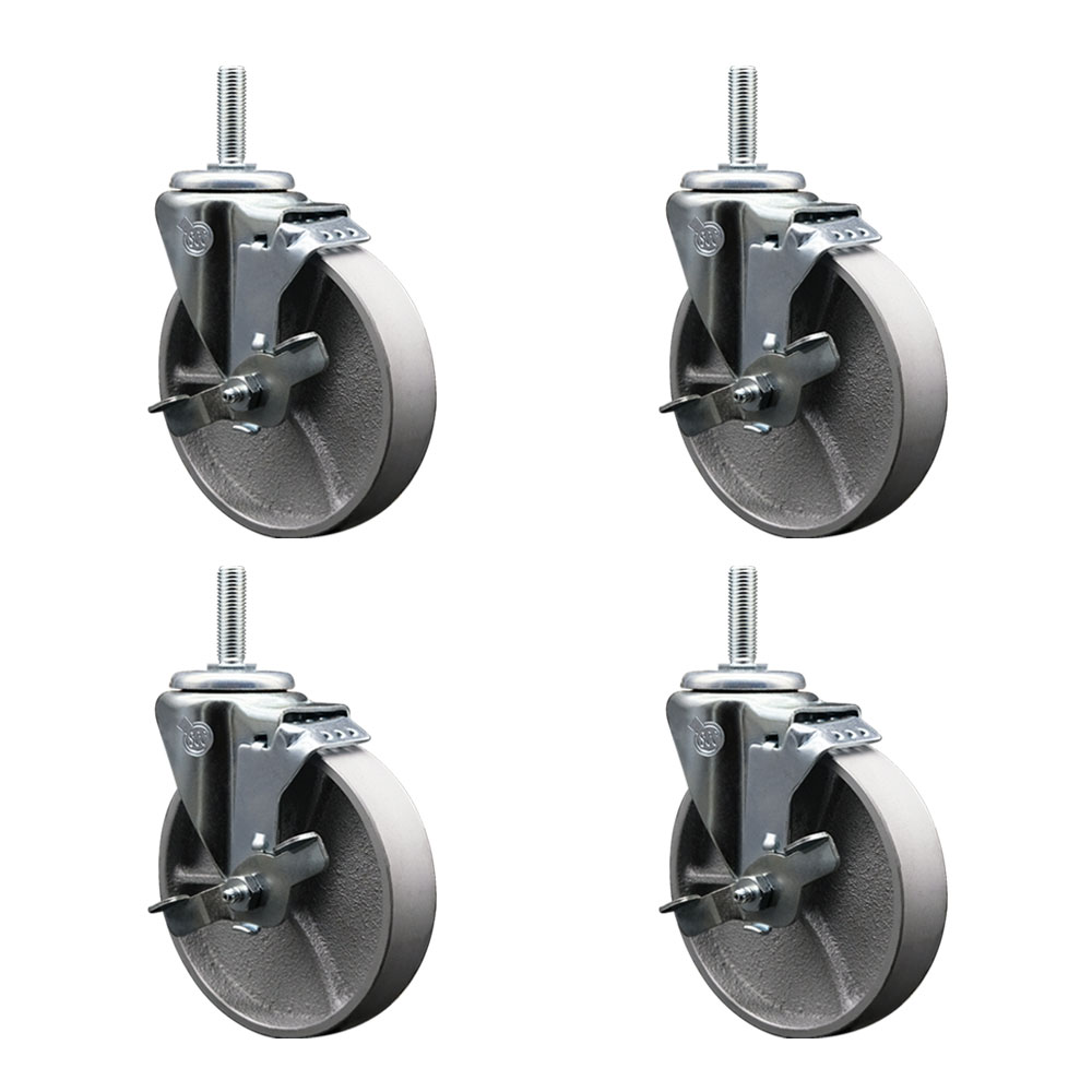 Semi Steel Cast Iron Swivel Threaded Stem Caster with Roller Bearing, 5 x 1.5 in. Silver Wheels & 0.63 in. Stems - Set of 4