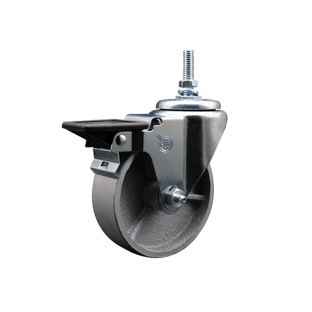 Semi Steel Cast Iron Swivel Threaded Stem Caster with Roller Bearing 4 x 1.5 in. Silver Wheel & 12 mm Stem & Posi Locking Brake
