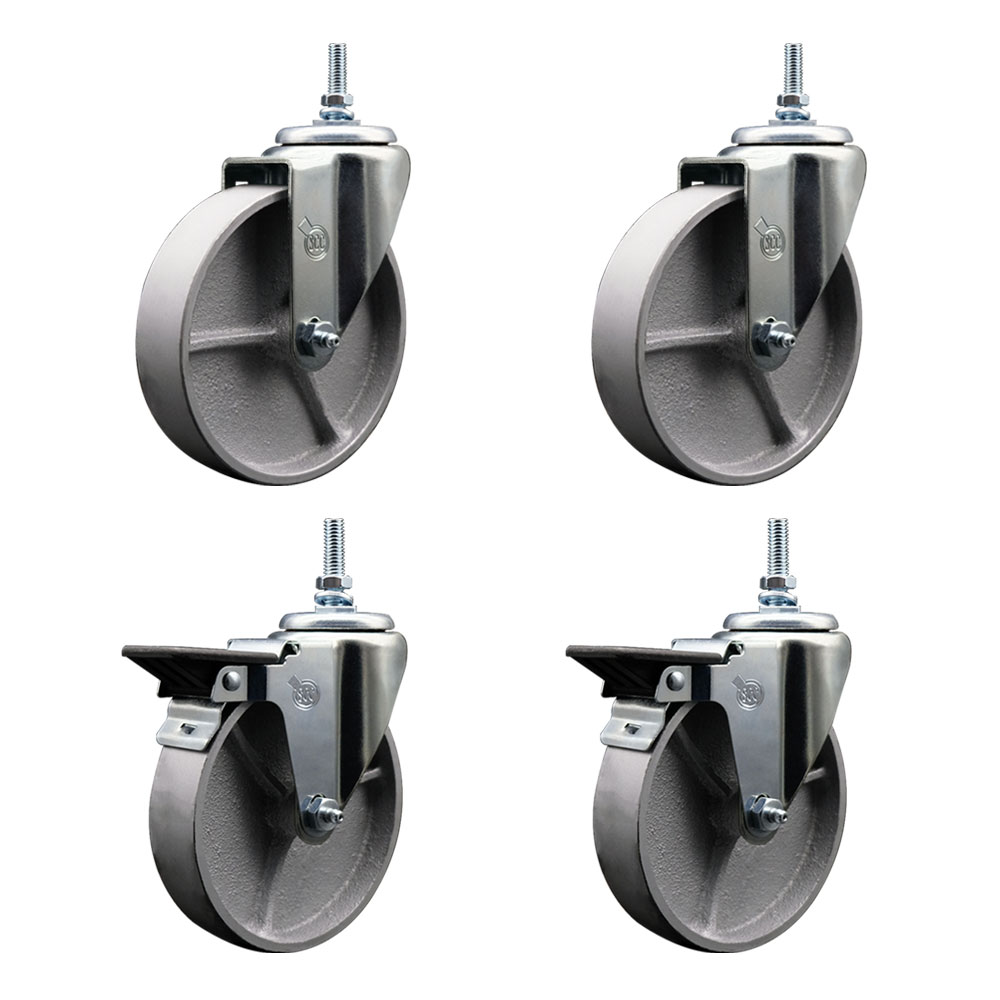 Semi Steel Cast Iron Swivel Threaded Stem Caster with Roller Bearing 5 x 1.5 in. Silver Wheels & 12 mm Stems - Set of 4