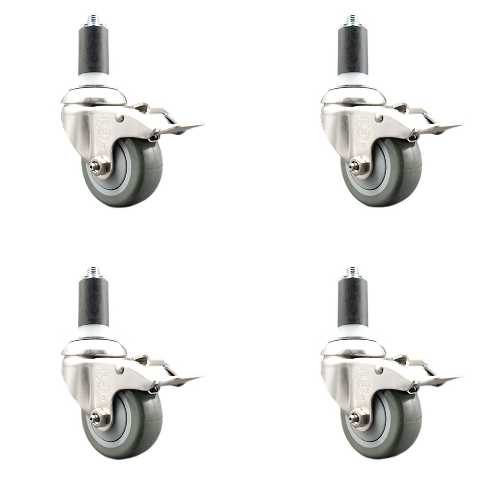 Polyurethane Swivel Stem Caster with 3.5 in. Gray Caster Wheels, 1.25 in. Expanding Stems - 316 Stainless Steel Casters - Set of 4