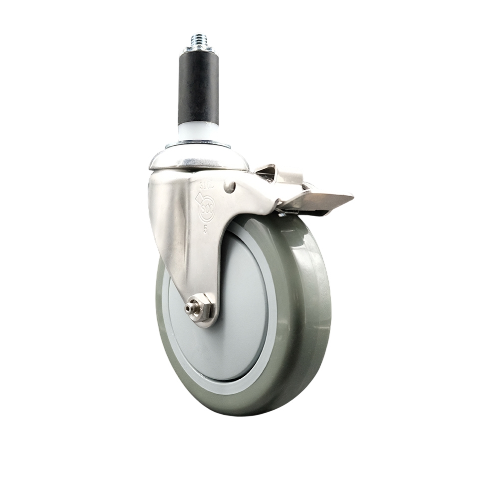 Polyurethane Swivel Stem Caster with 5 in. Gray Caster Wheels & Total Lock Brake, 1.25 in. Expanding Stem - 316 Stainless Steel Caster