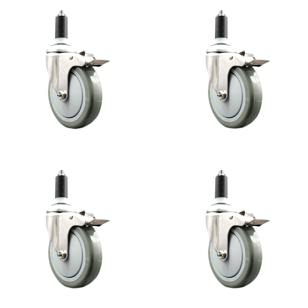 Polyurethane Swivel Stem Caster with 5 in. Gray Caster Wheels, 1.25 in. Expanding Stems - 316 Stainless Steel Casters - Set of 4