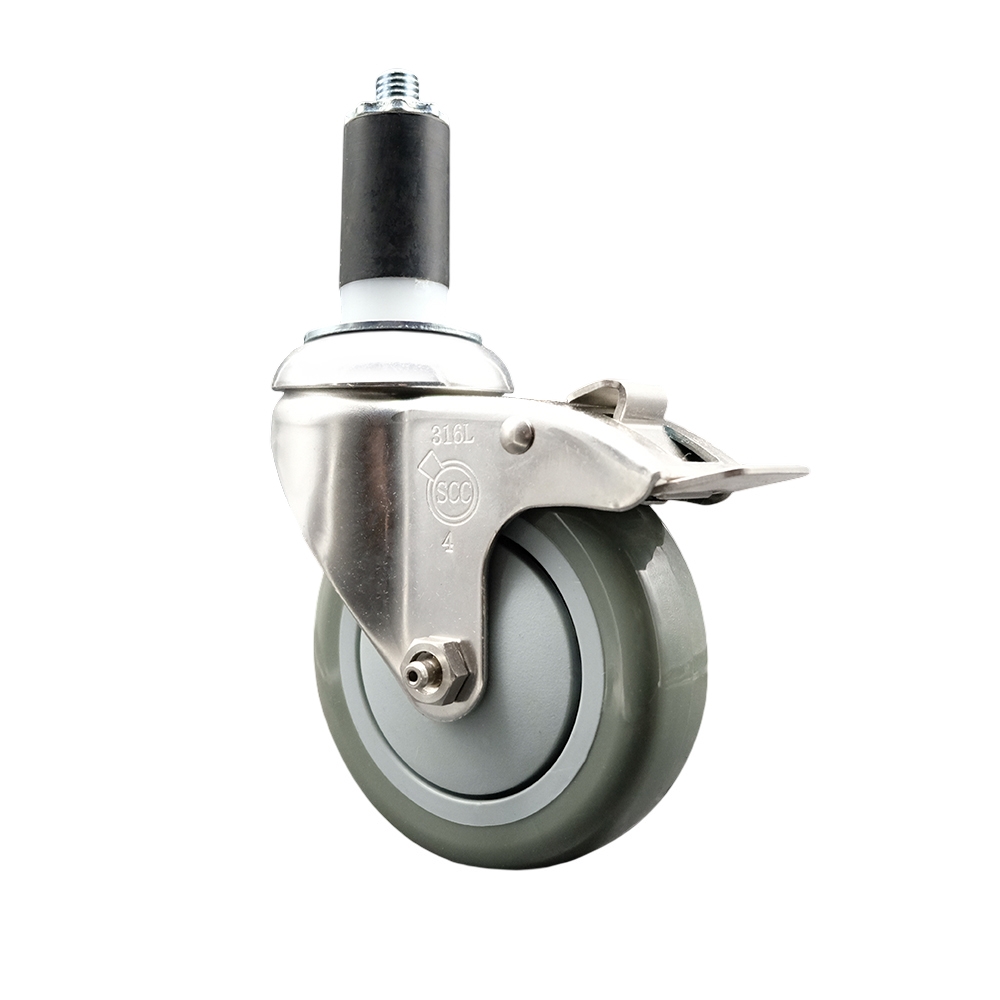 Polyurethane Swivel Stem Caster with 4 in. Gray Caster Wheels & Total Lock Brake, 1.38 in. Expanding Stem - 316 Stainless Steel Caster