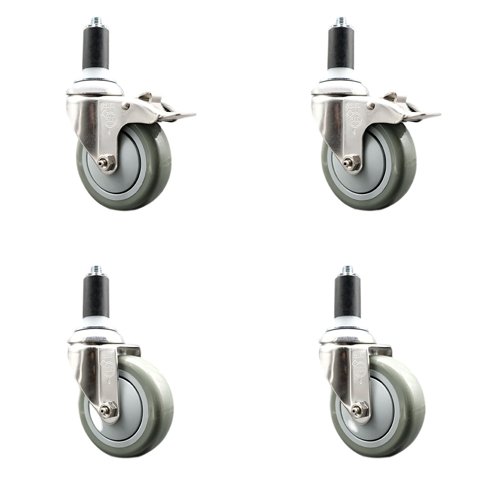 Polyurethane Swivel Stem Caster with 4 in. Gray Caster Wheels, 1.38 in. Expanding Stem - 316 Stainless Steel Casters - Set of 4