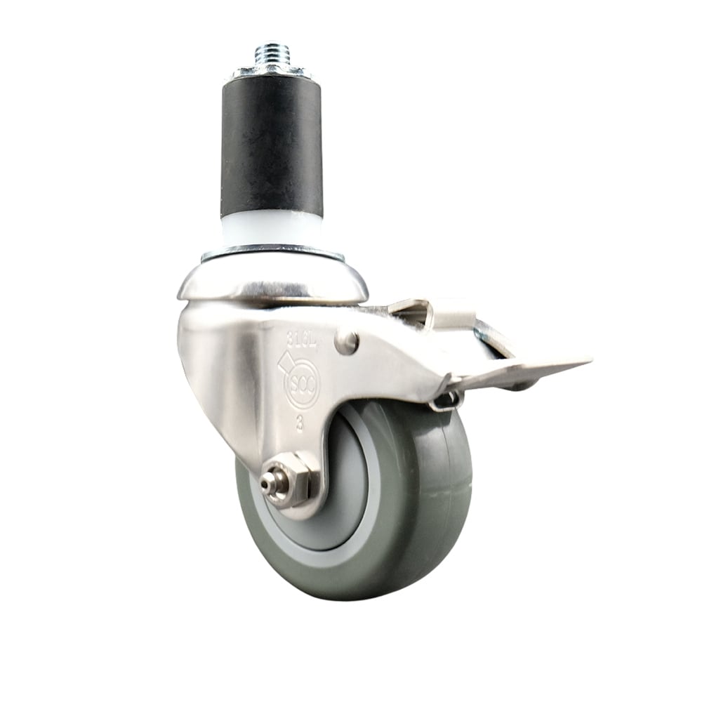 Polyurethane Swivel Stem Caster with 3.5 in. Gray Caster Wheels & Total Lock Brake, 1.63 in. Expanding Stem - 316 Stainless Steel Caster