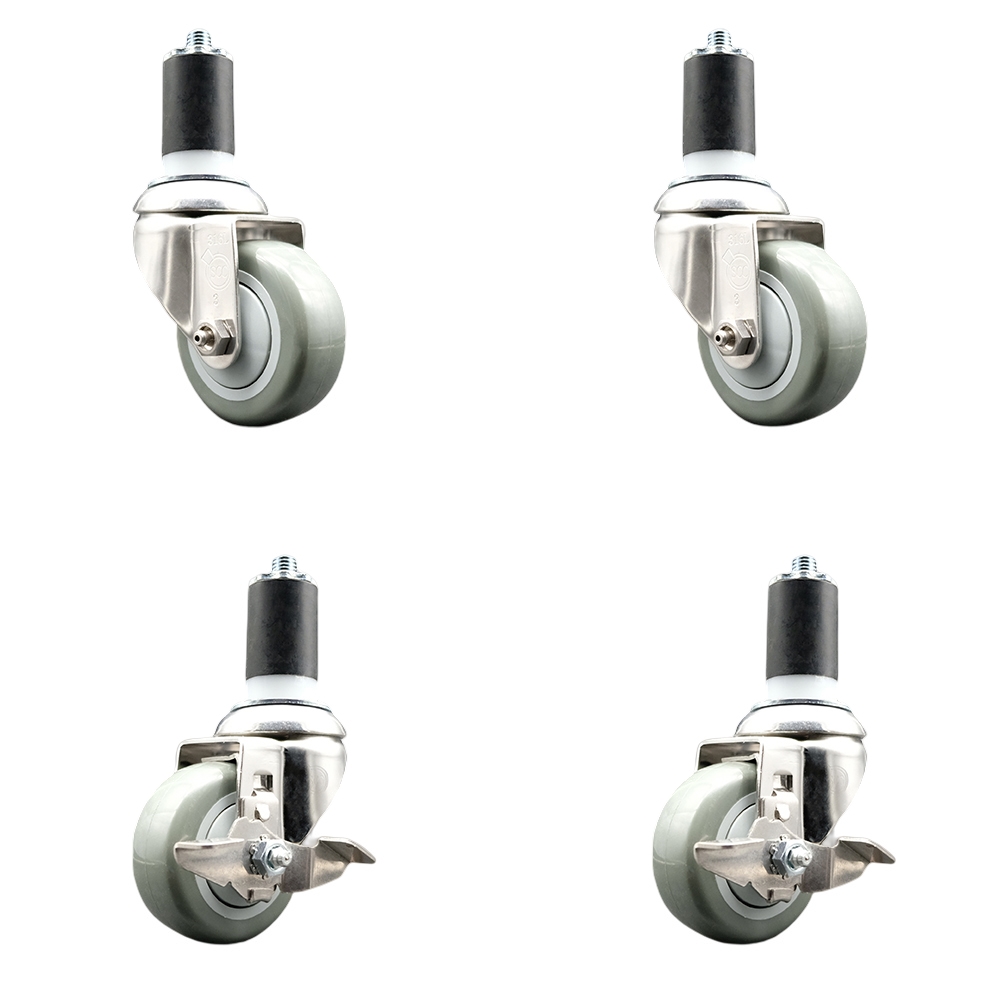 Polyurethane Swivel Stem Caster with 3.5 in. Gray Caster Wheels, 1.63 in. Expanding Stems - 316 Stainless Steel Casters - Set of 4