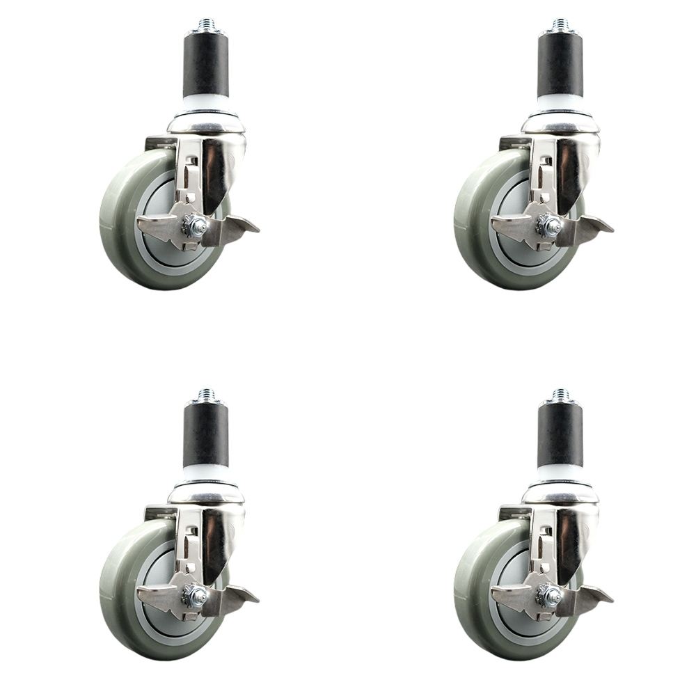 Polyurethane Swivel Stem Caster with 4 in. Gray Caster Wheels, 1.63 in. Expanding Stems - 316 Stainless Steel Casters - Set of 4