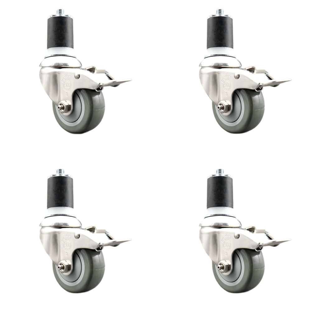 Polyurethane Swivel Stem Caster with 3 in. Gray Caster Wheels, 1.75 in. Expanding Stems - 316 Stainless Steel Casters - Set of 4