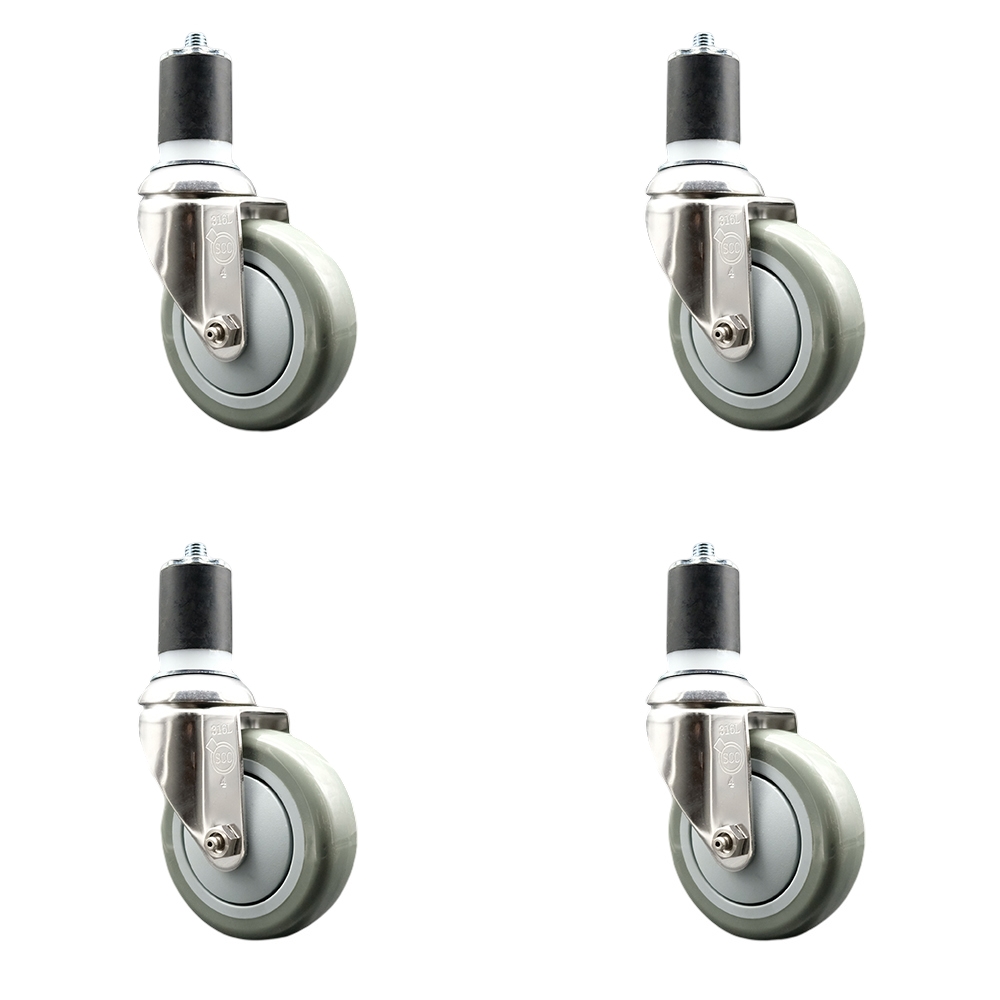 Polyurethane Swivel Stem Caster with 4 in. Gray Caster Wheels, 1.75 in. Expanding Stems - 316 Stainless Steel Casters - Set of 4