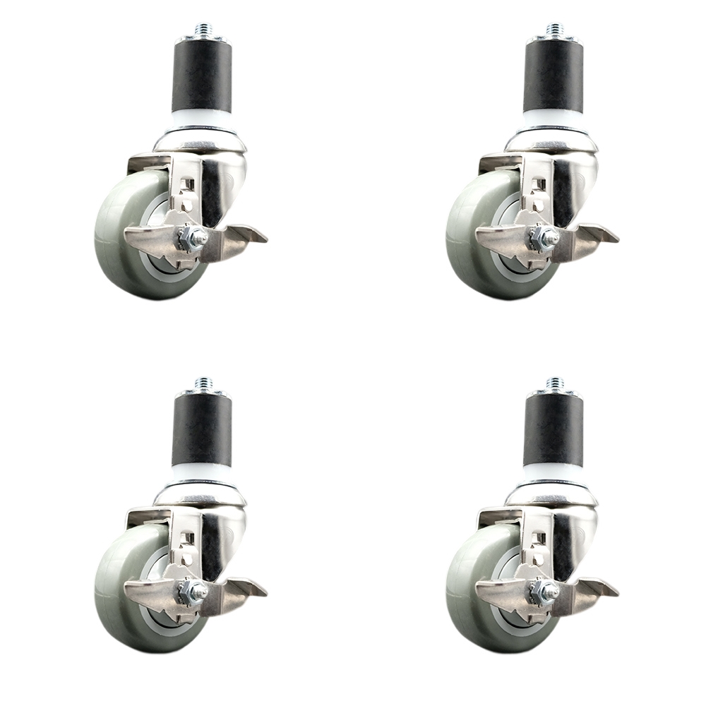 Polyurethane Swivel Stem Caster with 3 in. Gray Caster Wheels, 1.87 in. Expanding Stems - 316 Stainless Steel Casters - Set of 4
