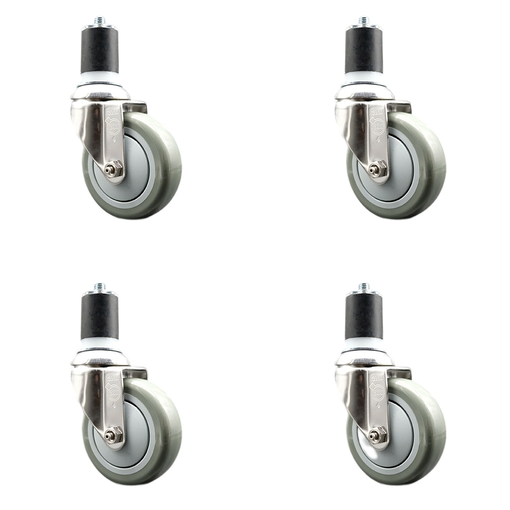 Polyurethane Swivel Stem Caster with 4 in. Gray Caster Wheels, 1.87 in. Expanding Stems - 316 Stainless Steel Casters - Set of 4