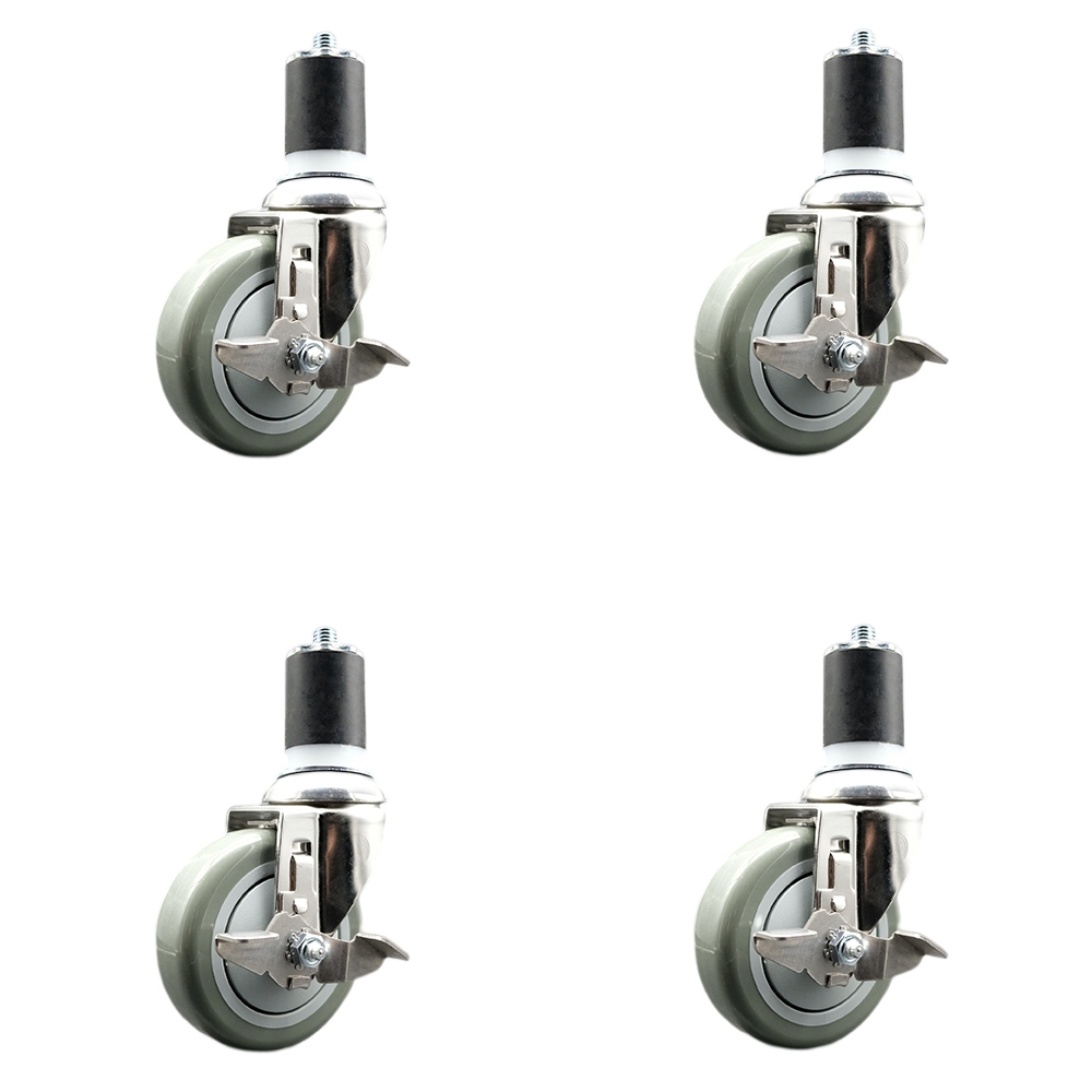 Polyurethane Swivel Stem Caster with 4 in. Gray Caster Wheels, 1.87 in. Expanding Stems - 316 Stainless Steel Casters - Set of 4