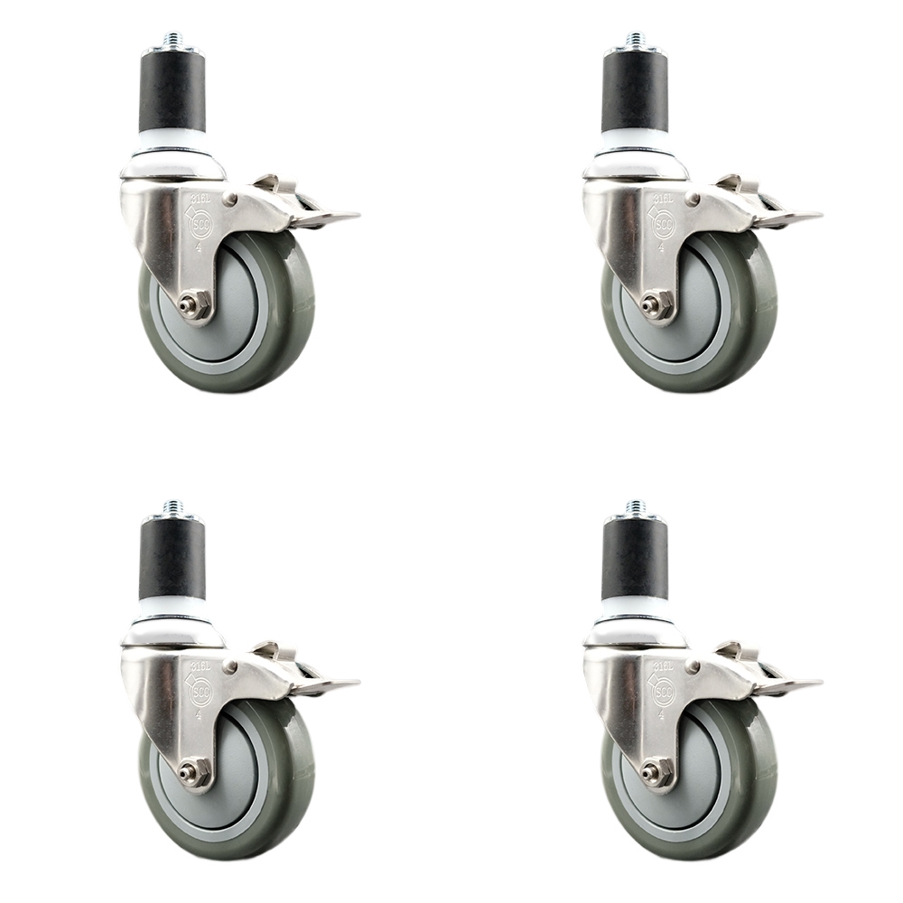 Polyurethane Swivel Stem Caster with 4 in. Gray Caster Wheels, 1.87 in. Expanding Stems - 316 Stainless Steel Casters - Set of 4