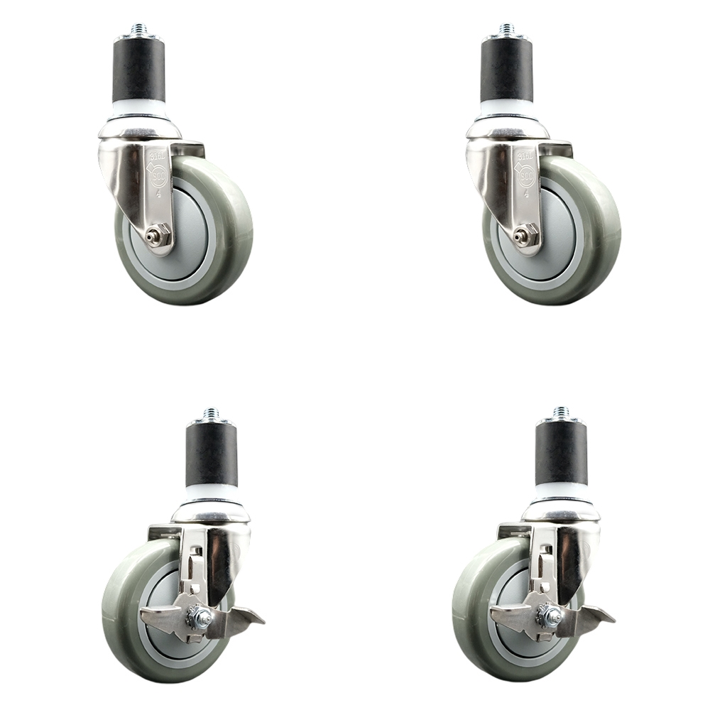 Polyurethane Swivel Stem Caster with 4 in. Gray Caster Wheels, 1.87 in. Expanding Stems - 316 Stainless Steel Casters - Set of 4