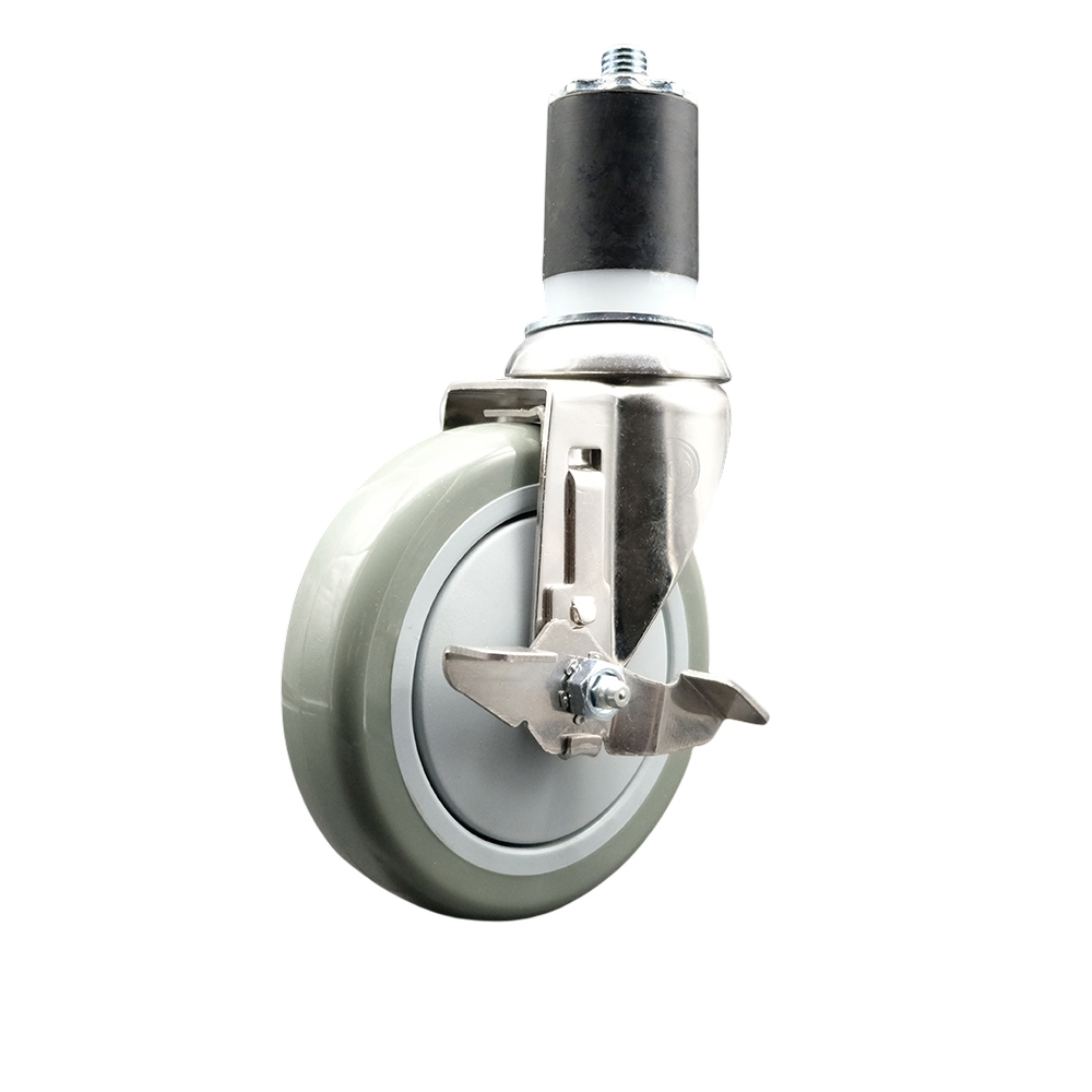 Polyurethane Swivel Stem Caster with 5 in. Gray Caster Wheels & Top Lock Brake, 1.87 in. Expanding Stem - 316 Stainless Steel Caster