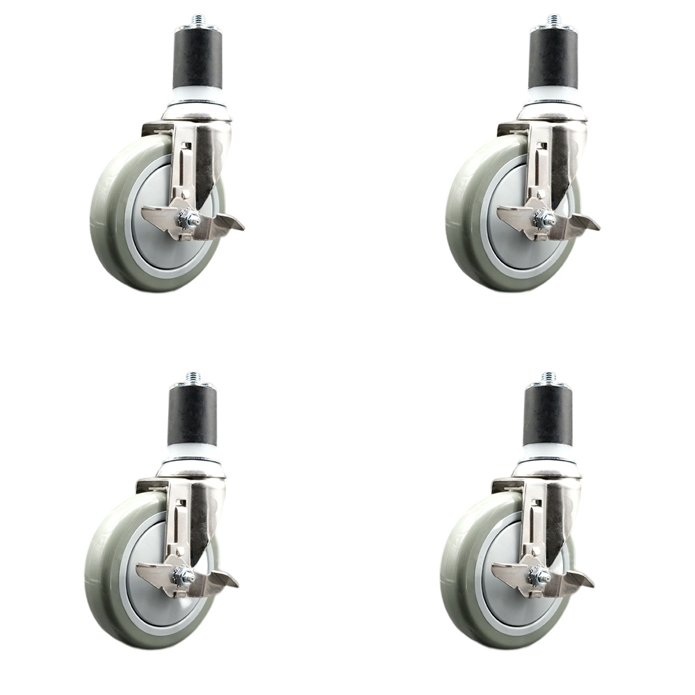 Polyurethane Swivel Stem Caster with 5 in. Gray Caster Wheels, 1.87 in. Expanding Stems - 316 Stainless Steel Casters - Set of 4