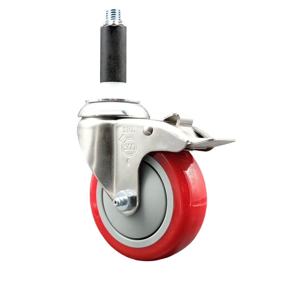 Polyurethane Swivel Stem Caster with 4 in. Red Caster Wheels & Total Lock Brake, 0.75 in. Expanding Stem - 316 Stainless Steel Caster