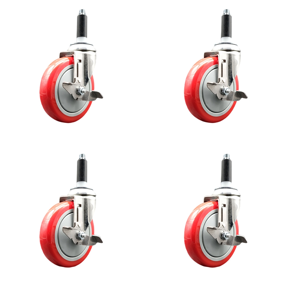 Polyurethane Swivel Stem Caster with 5 in. Red Caster Wheels, 0.75 in. Expanding Stems - 316 Stainless Steel Casters - Set of 4