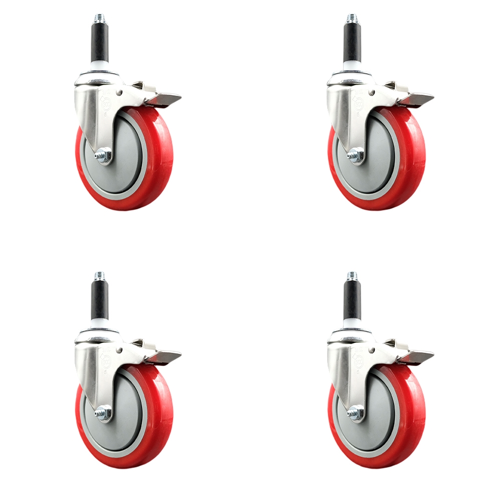 Polyurethane Swivel Stem Caster with 5 in. Red Caster Wheels, 0.75 in. Expanding Stems - 316 Stainless Steel Casters - Set of 4