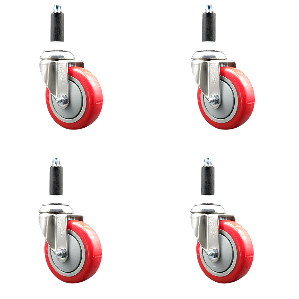 Polyurethane Swivel Stem Caster with 4 in. Red Caster Wheels, 0.87 in. Expanding Stems - 316 Stainless Steel Casters - Set of 4