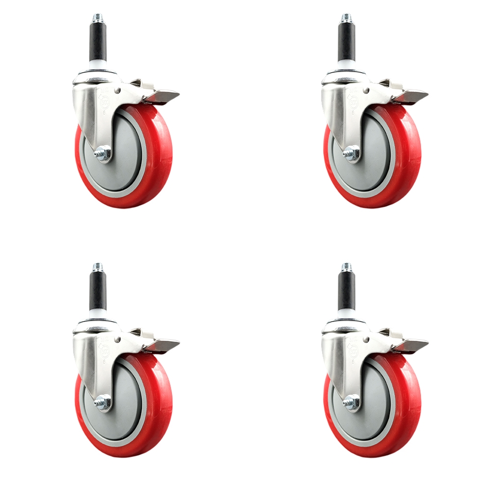 Polyurethane Swivel Stem Caster with 5 in. Red Caster Wheels, 0.87 in. Expanding Stems - 316 Stainless Steel Casters - Set of 4