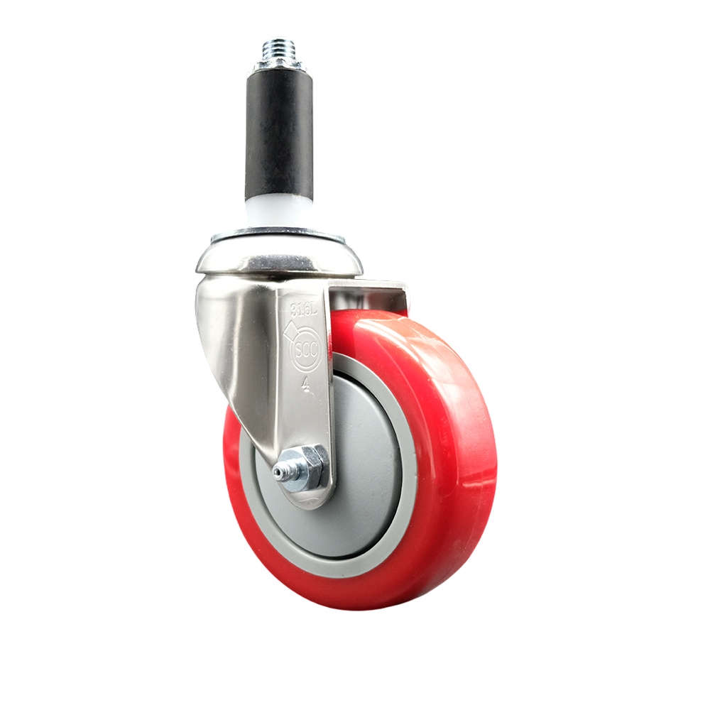 SCC-SS316EX20S414-PPUB-RED-1 Polyurethane Swivel Stem Caster with 4 in. Red Caster Wheels, 1 in. Expanding Stem - 316 Stainless Steel Caster