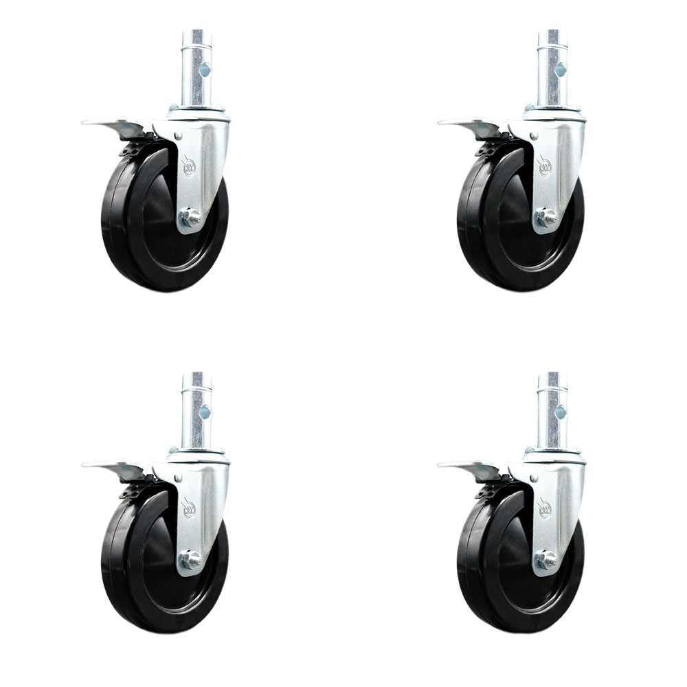 5 in. Swivel Scaffolding Wheels Caster Black Hard Rubber Wheels 1-3-64 x 2.75 in. Grip Ring Stems Total Lock Brakes - Set of 4