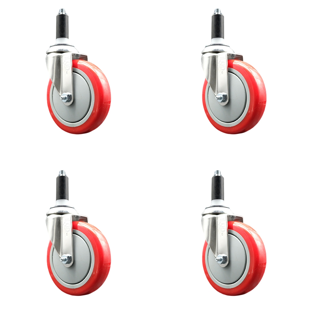 Polyurethane Swivel Stem Caster with 5 in. Red Caster Wheels, 1 in. Expanding Stems - 316 Stainless Steel Casters - Set of 4