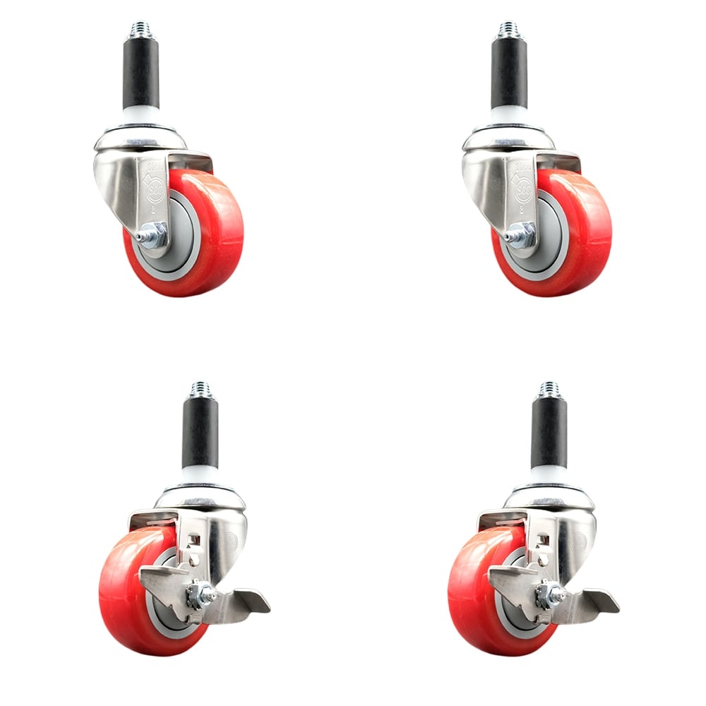 Polyurethane Swivel Stem Caster with 3 in. Red Caster Wheels, 1.13 in. Expanding Stems - 316 Stainless Steel Casters - Set of 4