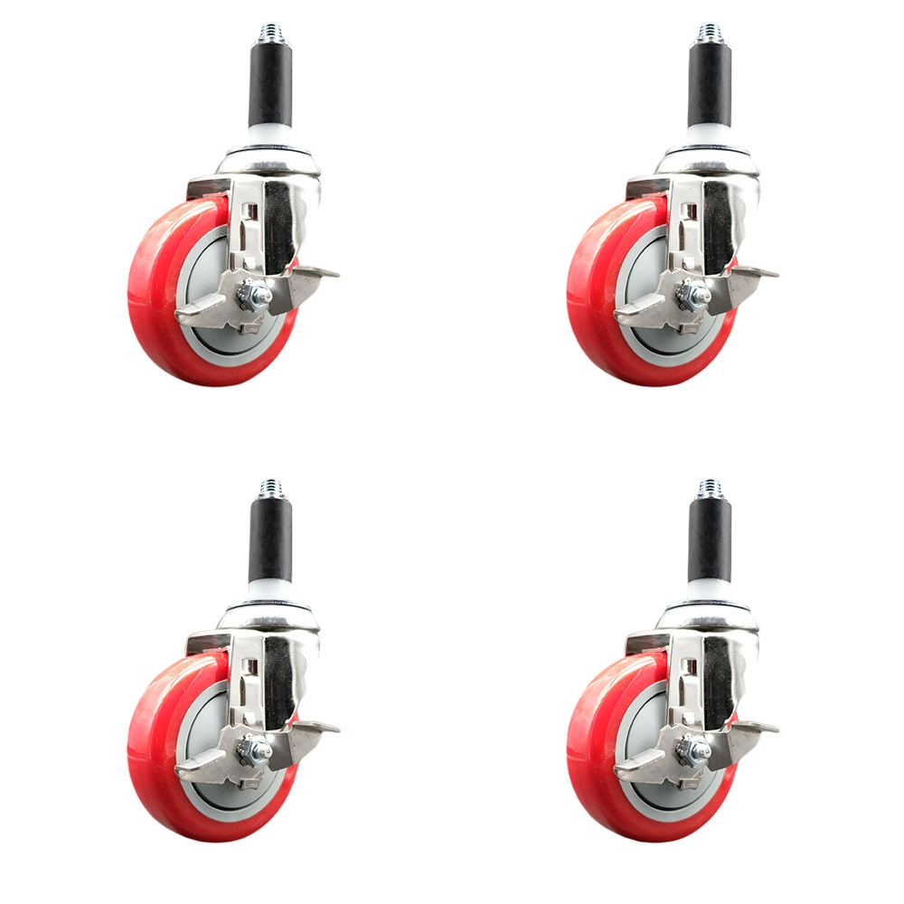 Polyurethane Swivel Stem Caster with 4 in. Red Caster Wheels, 1.13 in. Expanding Stems - 316 Stainless Steel Casters - Set of 4