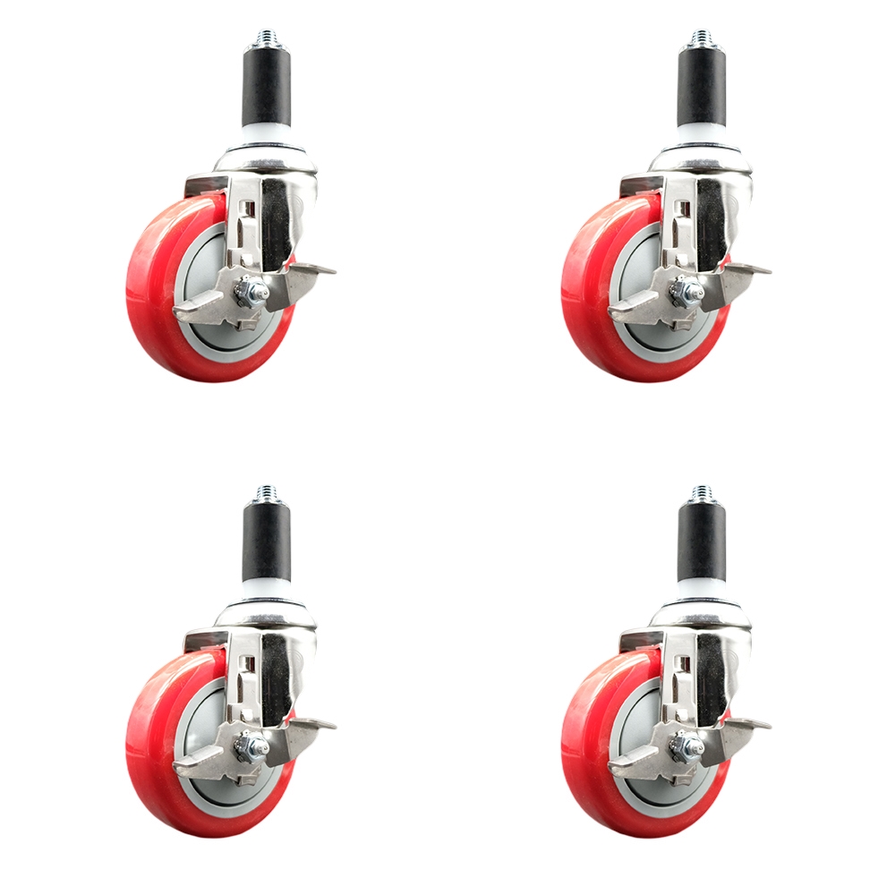 Polyurethane Swivel Stem Caster with 4 in. Red Caster Wheels, 1.25 in. Expanding Stems - 316 Stainless Steel Casters - Set of 4
