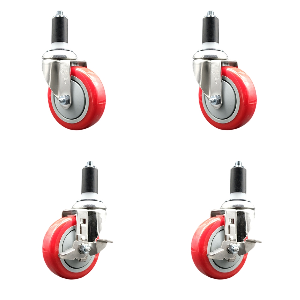 Polyurethane Swivel Stem Caster with 4 in. Red Caster Wheels, 1.38 in. Expanding Stems - 316 Stainless Steel Casters - Set of 4
