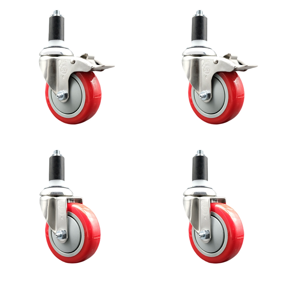 Polyurethane Swivel Stem Caster with 4 in. Red Caster Wheels, 1.38 in. Expanding Stem - 316 Stainless Steel Casters - Set of 4