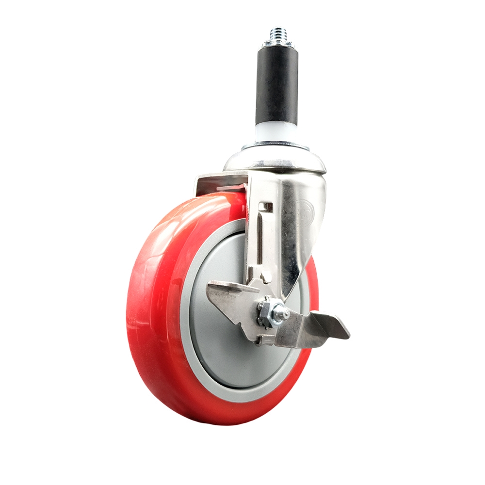 Polyurethane Swivel Stem Caster with 5 in. Red Caster Wheels & Top Lock Brake, 1.38 in. Expanding Stem - 316 Stainless Steel Caster