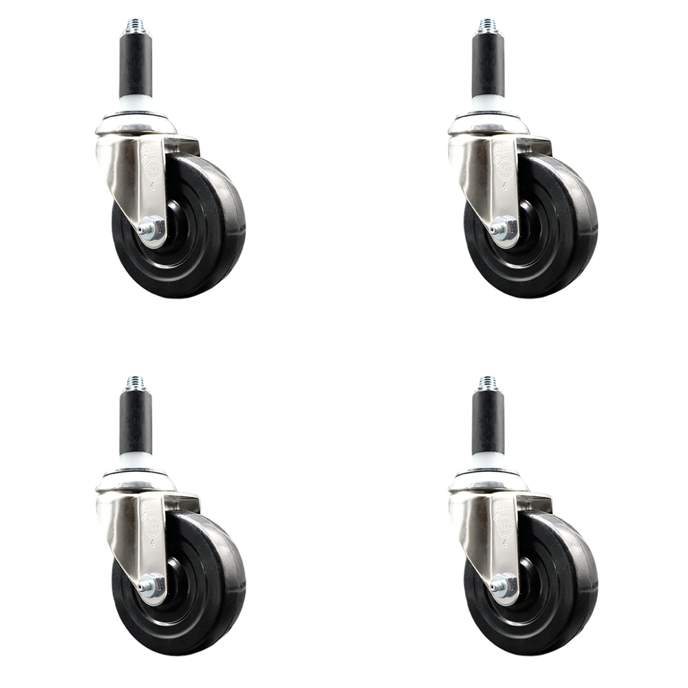 Soft Rubber Swivel Stem Caster with 4 in. Black Caster Wheels 1.13 in. Expanding Stems 316 Stainless Steel Casters - Set of 4