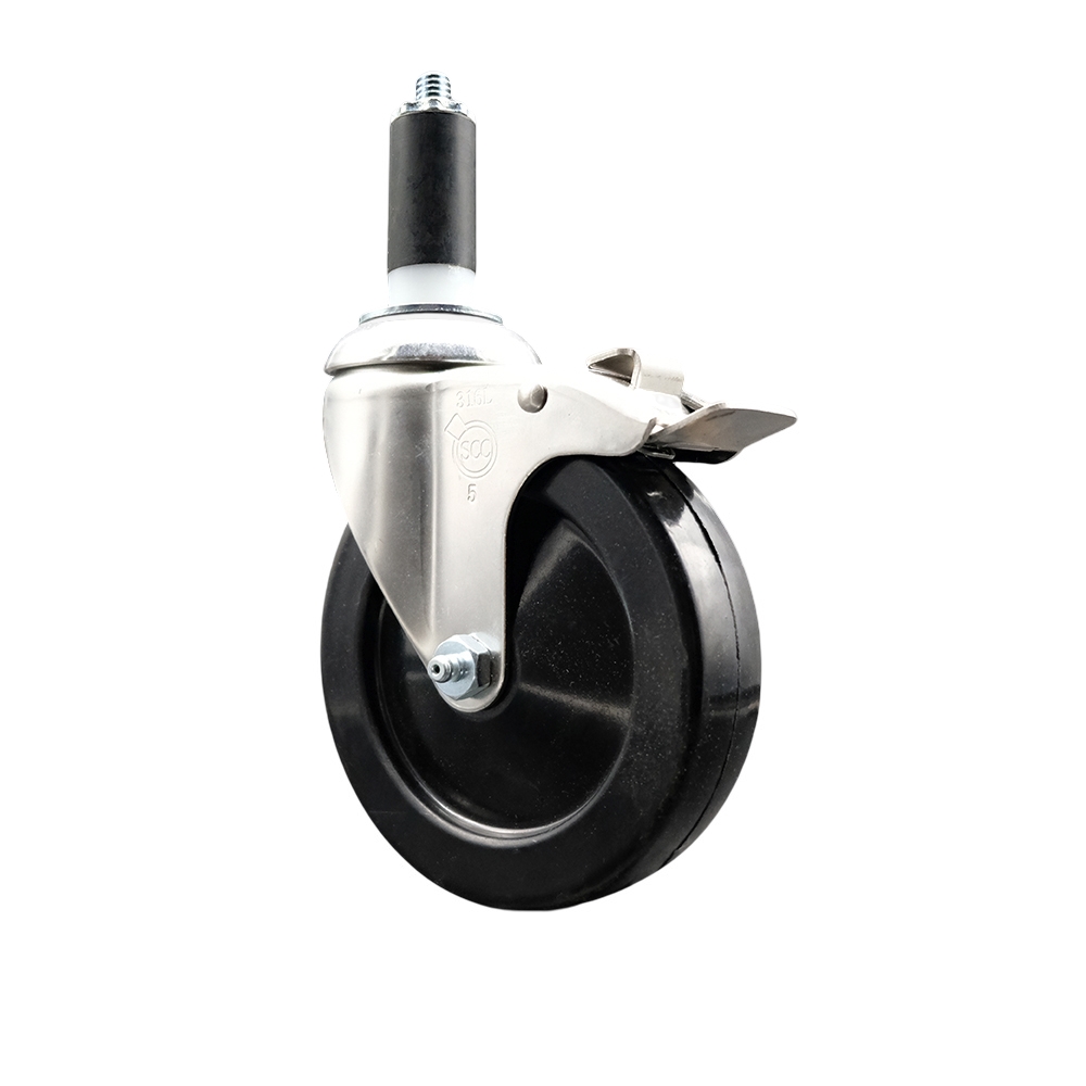 Soft Rubber Swivel Stem Caster with 5 in. Black Caster Wheel & Total Lock Brake 1.25 in. Expanding Stem 316 Stainless Steel Caster
